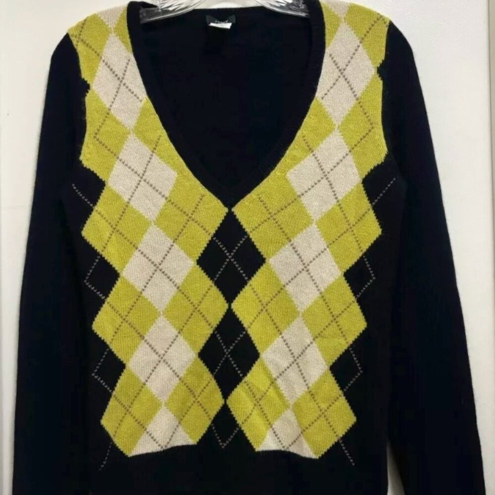 J CREW. NWOT Women's Small Lambs Wool ARGYLE Vneck Sweater  Navy. Yellow Cream